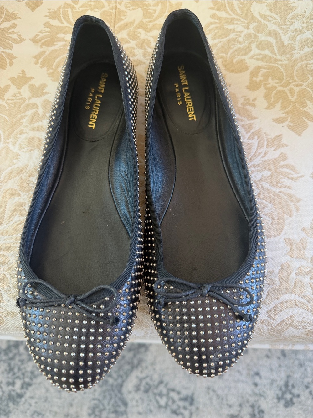 Saint Laurent Black Studded Ballet Flats with Bow Trim